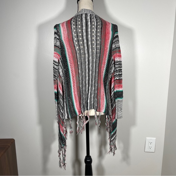 Poof Red Gray Black Open Front Knit Fringe Boho Long Sleeve Cardigan Sweater S - Picture 8 of 11